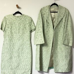 Vintage 60s Mint Green Brocade Party Coat & Dress Set UnionLabeled A-Line Sz. M